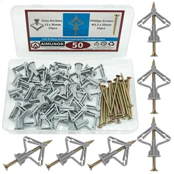 50pcs Drywall Anchor kit with Screws, Hollow-Wall Anchors, Self-Drilling Hollow Wall Anchor, Butterfly type.