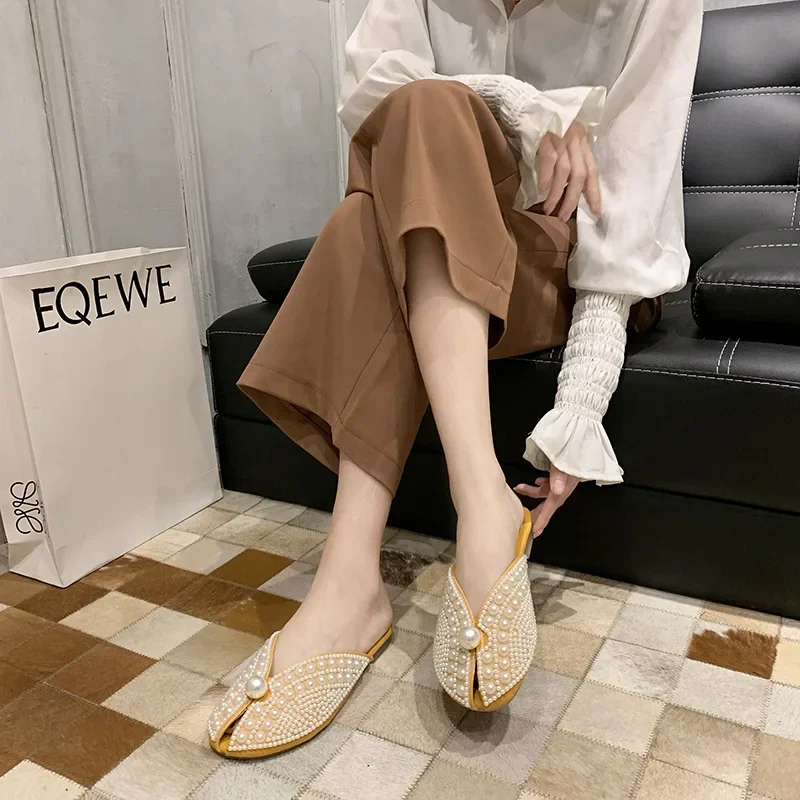 Ladies Bohemian Pearl Slippers Flat Sandals Summer Open Toe Ladies Shoes Crystal Flip Flops Wholesale 2023