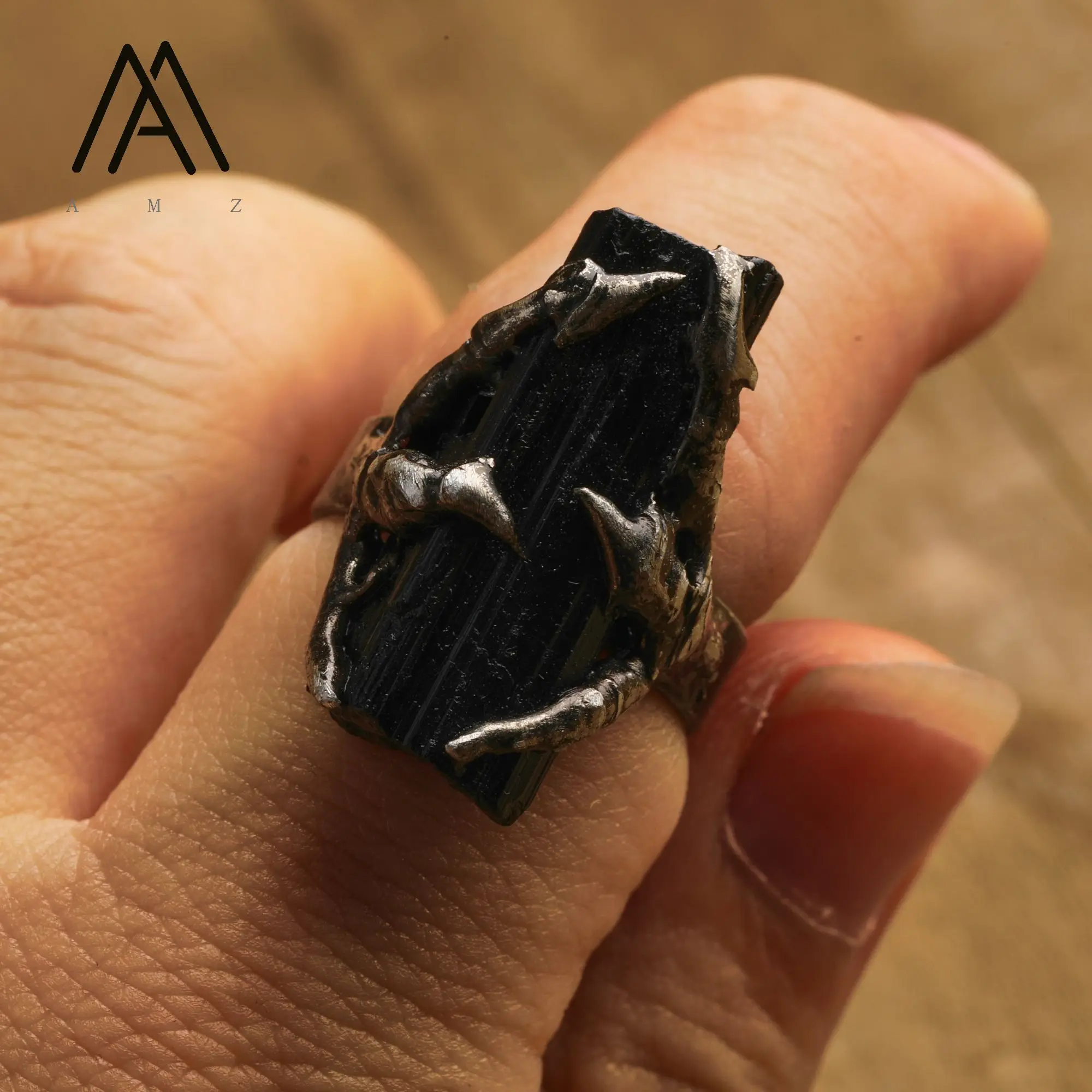 Raw Black Tourmaline Clawing Rings Open Finger Ring Antique Bronze Jewelry Men Gift