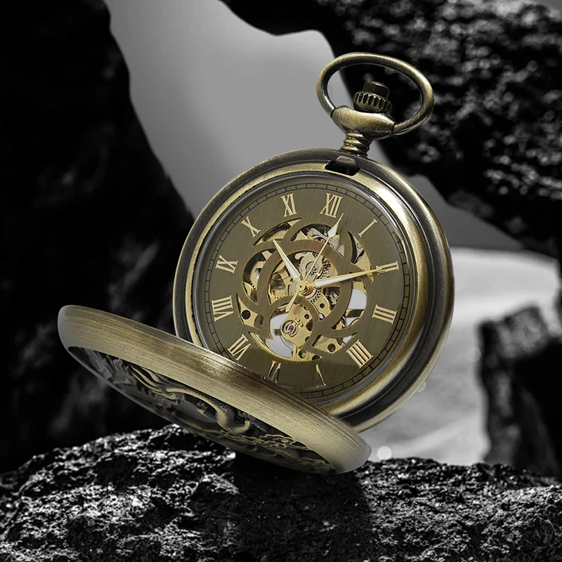Bronze vintage mechanical pocket watch The shape of a dragon on the surface The outer ring of the back is patterned