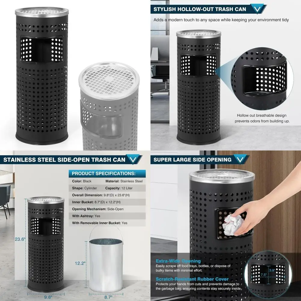 

Stainless Steel Commercial Trash Can with Lid, Indoor Outdoor Metal Waste Receptacle for Business Use