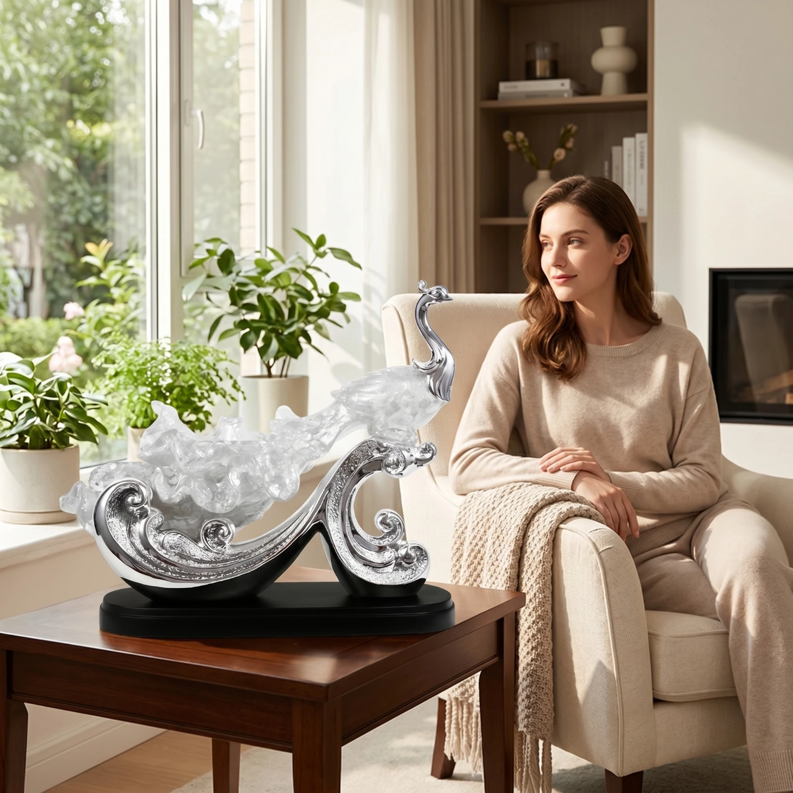 Peacock Figurine Translucent Sculpture with Base Phoenix Statue Lustrous-Look Peacock Statue Horizontal for Homeowners