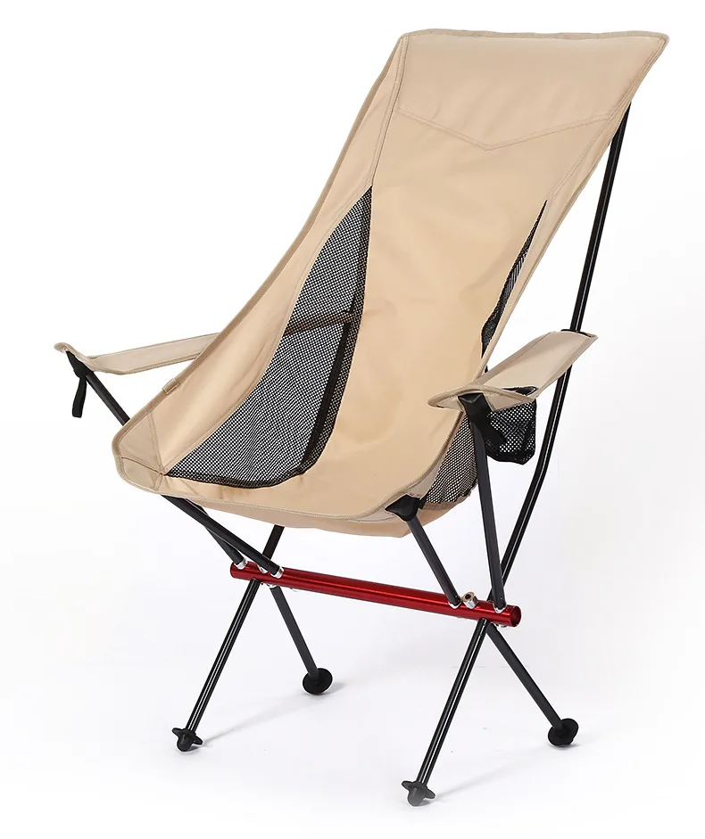 Hochlehniger Campingstuhl, Tragbarer Klappstuhl mit Getränkehalter, Armlehne & Tragetasche; Trägt bis zu 150kg, Schwarz/Grau/Beige