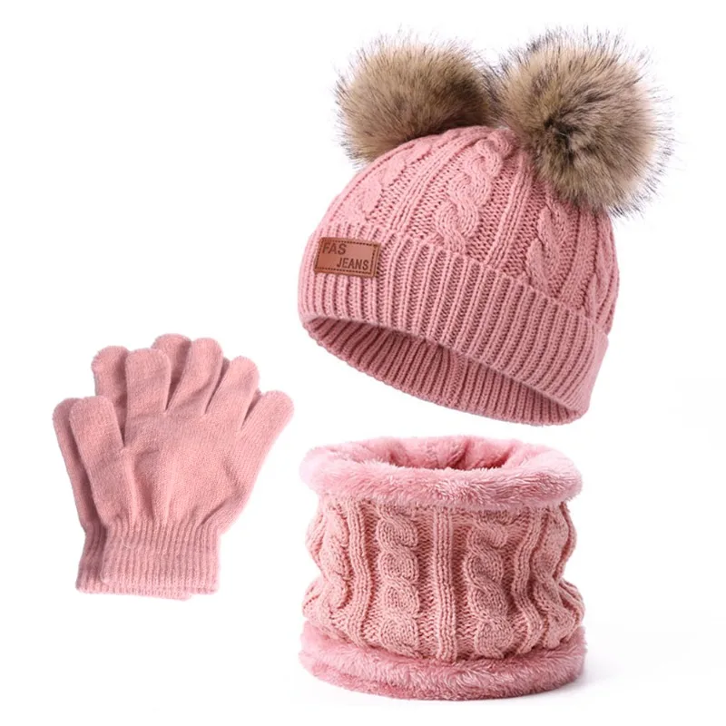 Warm Winter Baby Hats Scarf Gloves Set Kids Wool Pompom Baby Hat Children Bonnet Cap Boy Girl Knitted Scarves Gloves Beanie Caps