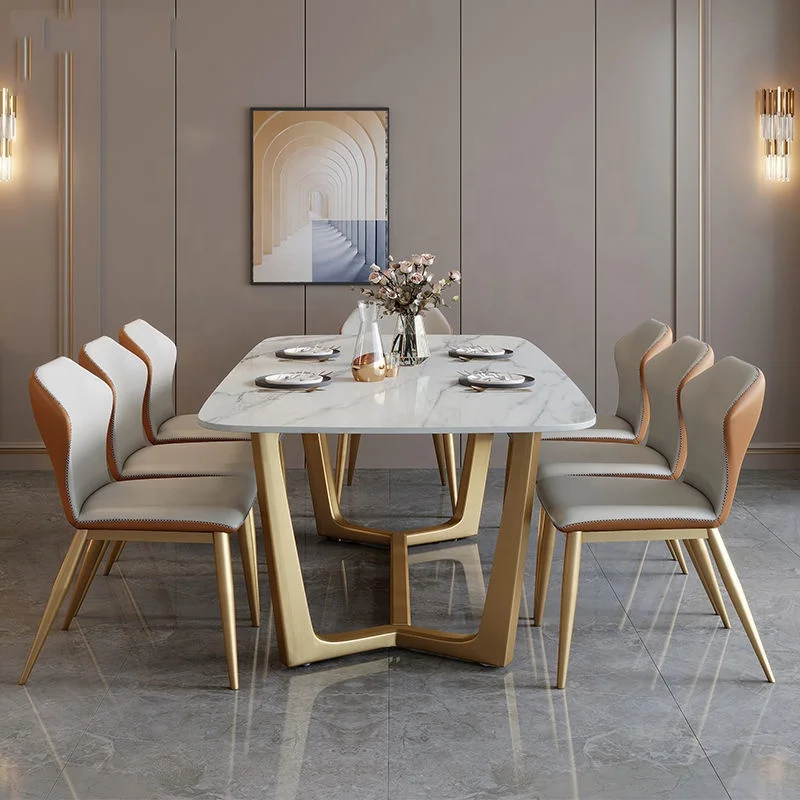 Qiaotai Furniture Modern Dining Table Stainless Steel Gold Frame Dining Room Furniture Slate Table Top Dining Table Set