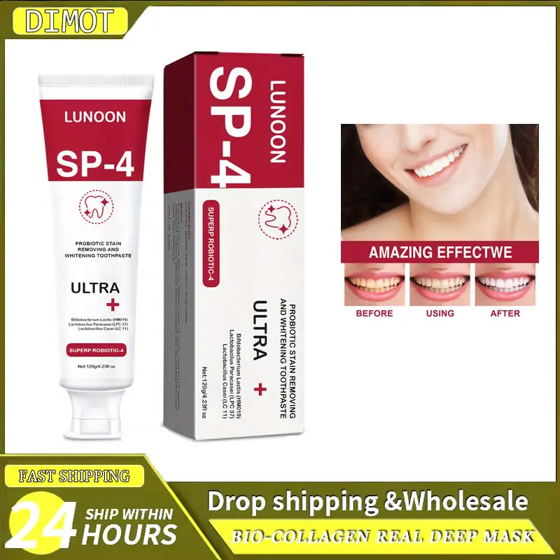 Sp-4 Dentifricio schiarente sbiancante Riduce la placca Dentifricio Aiuta a l'igiene orale Alito cattivo Macchie Rimozione per le donne Uomini