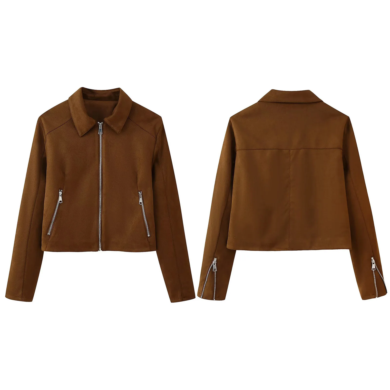 Women Faux Suede Jacket Outerwear Stylish Long Sleeve Zip-up Side Zipper Pockets Coat for Daily Causal Office Weekend Getaway