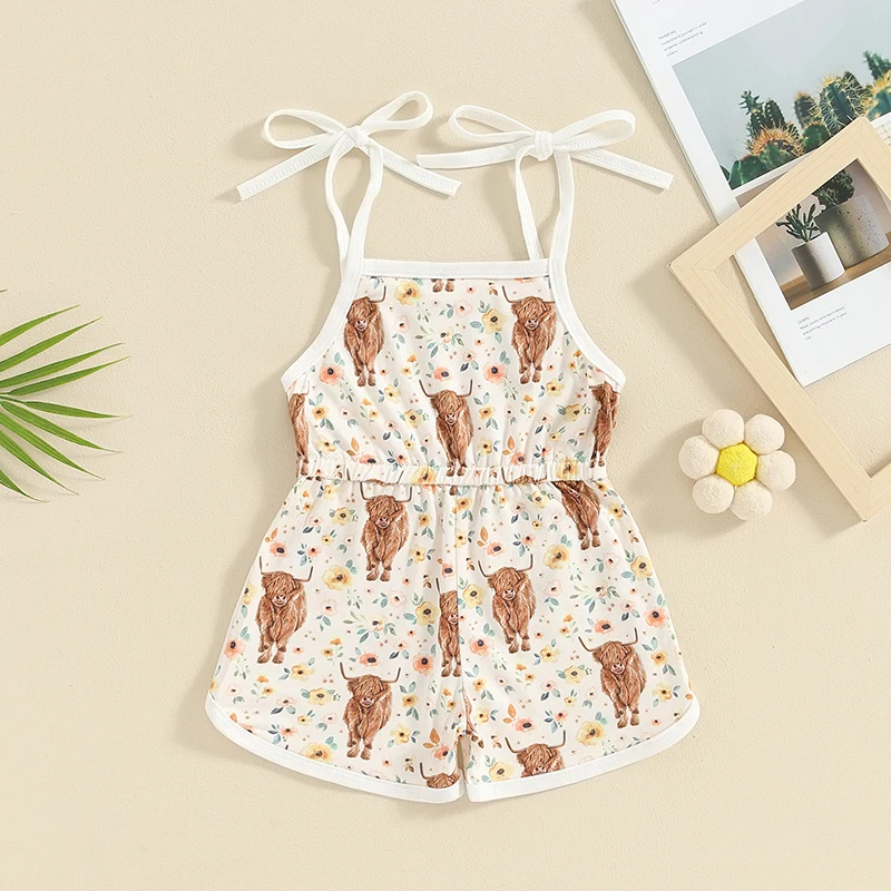 2024-03-06 Lioraitiin Kid Baby Girl Western Shorts Romper Dress Floral Cattle Print Sleeveless Sling Tie-Up Overalls Jumpsuit