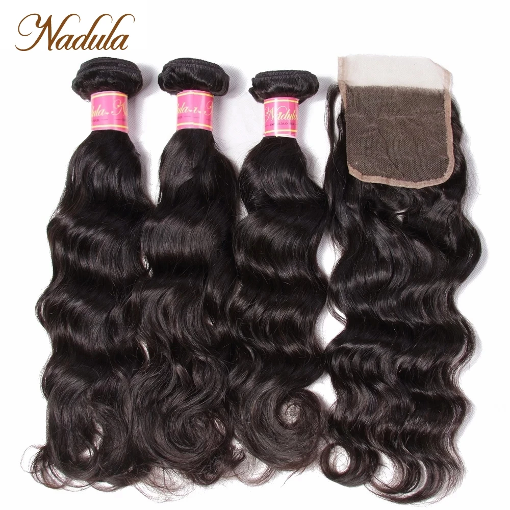 Nadula Hair 3Bundles Deal Indian Hair Natural Wave With Closure 8-26inch Remy Human Hair With 4*4 Free Part Swiss Lace Closure