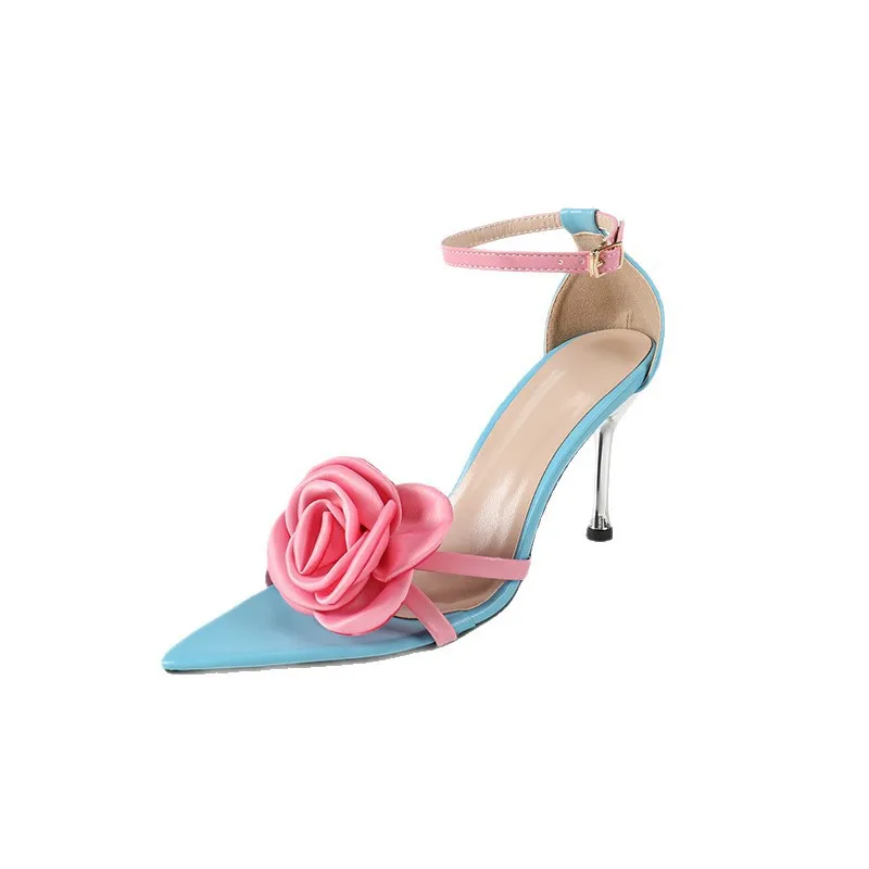 

2025 Party Sexy women Sandals with zip, summer shoes with pink flowers, open toe, back strap, High heels,
