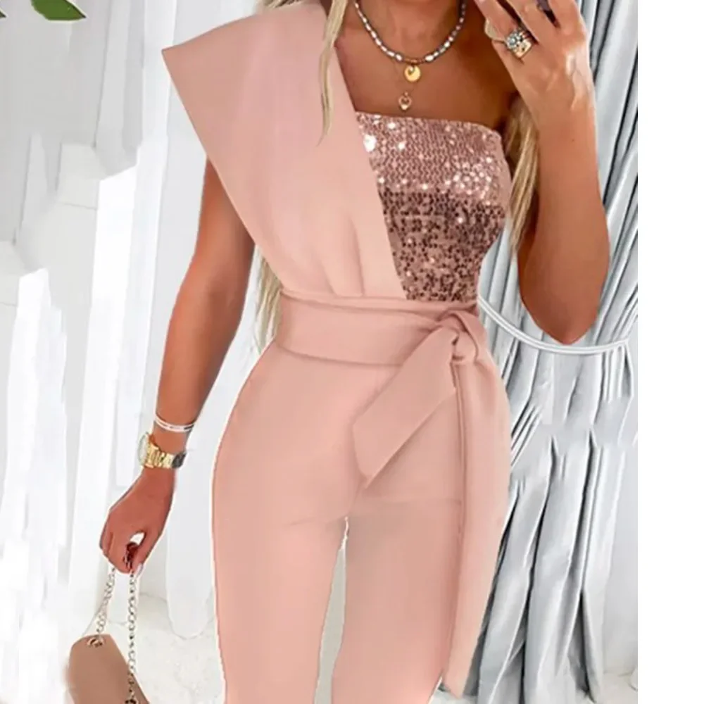 2025 New Elegant Office Women's Solid Color Bodysuit Cut-out Design Belt Decoration V-neck Fashion Sequin One-shoulder Bodysuit