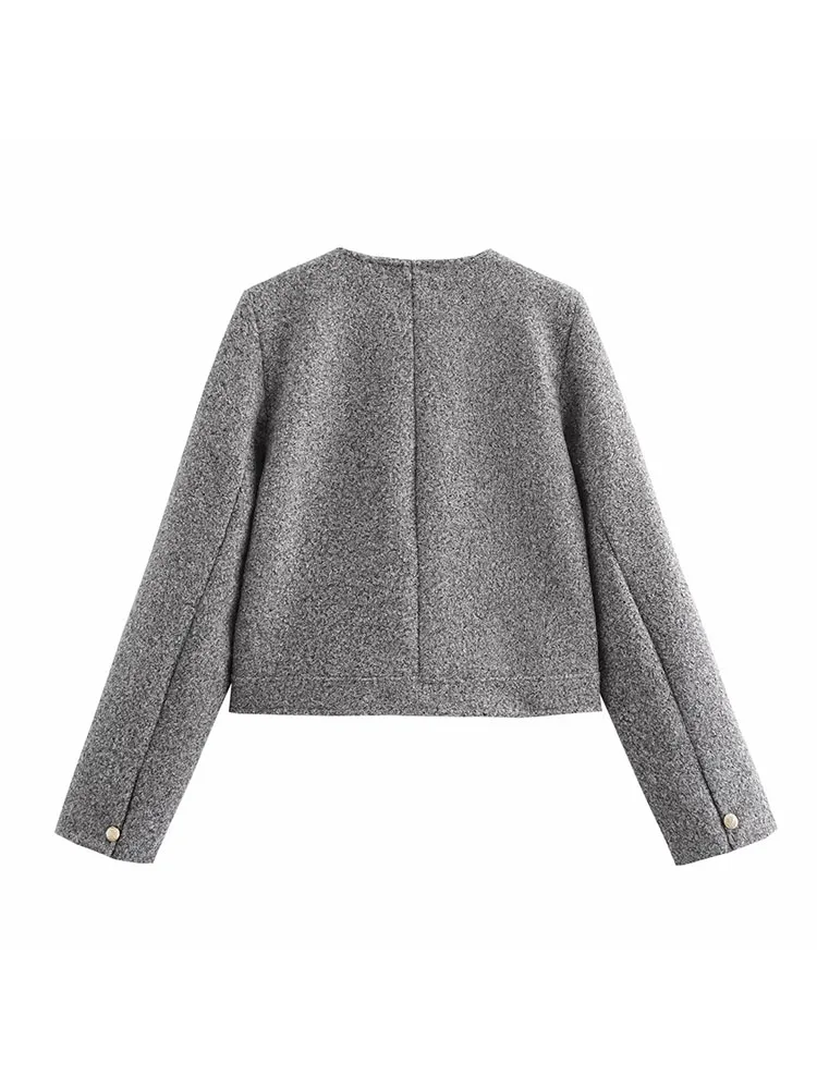 Damska Jesienno-Zimowa Nowa Elegancka Jednorzędowa Teksturowana Kurtka Krótka z Długim Rękawem, Dekoltem O-Neck, Kieszeniami z Klapami, Ozdobna, Top Mujer