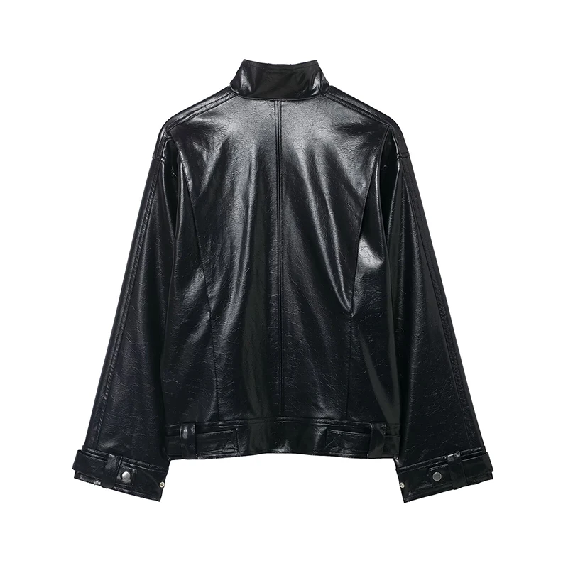 Willshela سترات نسائية عصرية من البولي يوريثان باللون الأسود بسحاب أمامي وياقة عالية وأكمام طويلة معاطف نسائية أنيقة