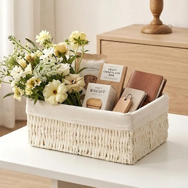 Handmade Storage Basket Woven Paper Rope Detachable Organizer Desktop Snack Clothes Cosmetics Storage Box Home Organizer Basket