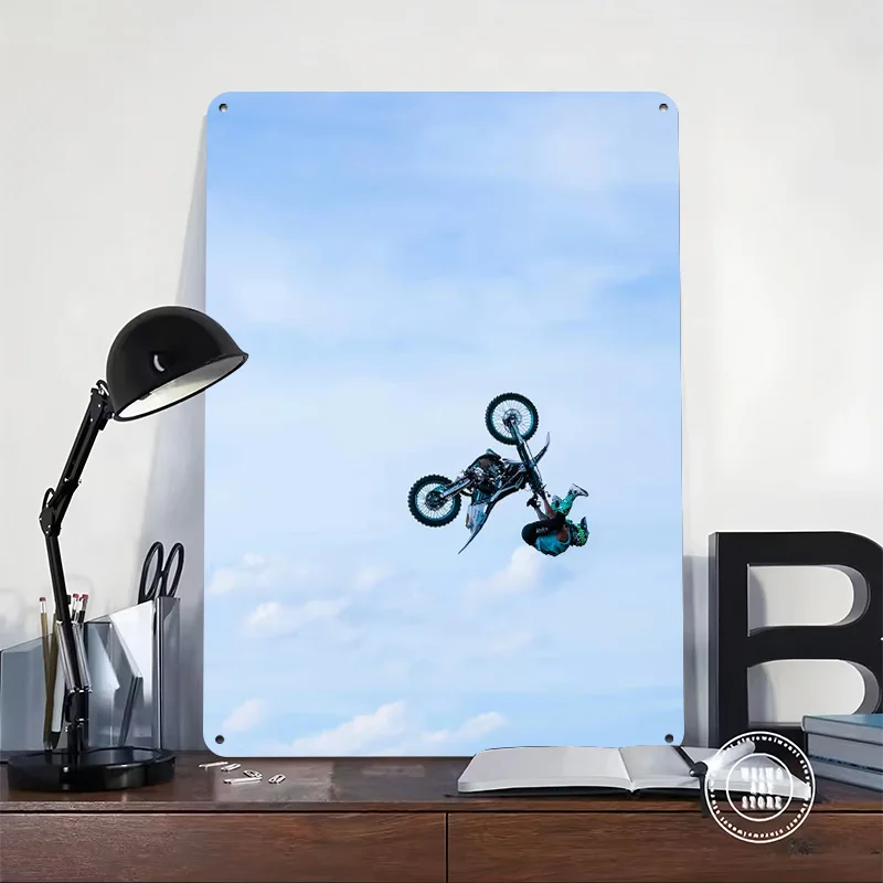 Motocross Freestyle Trick in the Sky 3D Printed Texture Poster Personalized Wall Art Retro Metal Tin Signs for Decoration Garage