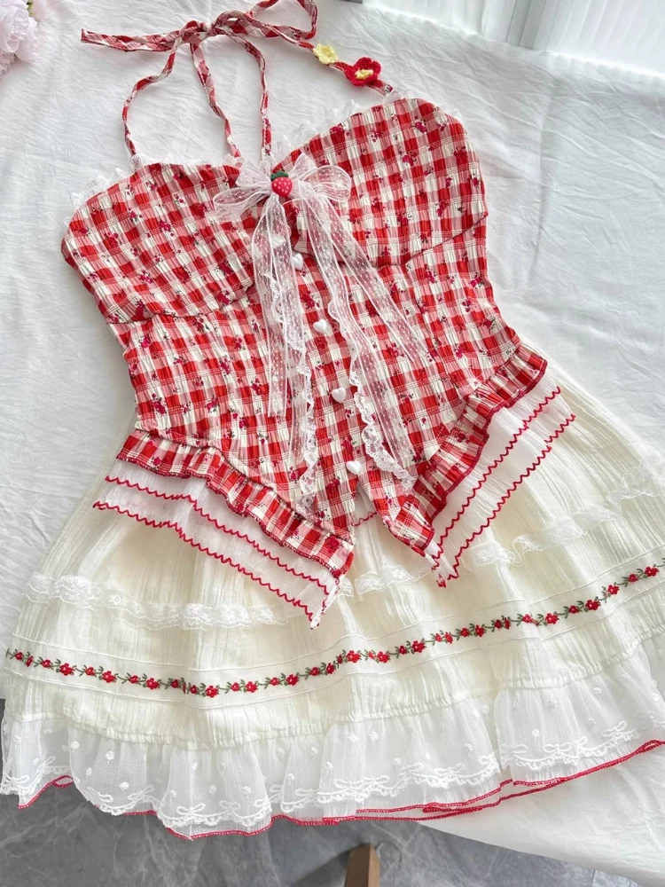

Summer Japanese Cute Women's 2 Piece Set Retro Plaid Halter Y2k Tops + Design Lace Skirts Fashion Harajuku Sweet Holiday Outfits