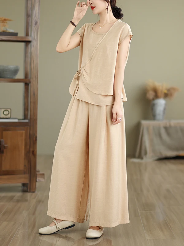 Faionable Lockeres, lässiges Zweiteiler-Set für den Sommer 20225, altersabweisendes Mama-Outfit, hohe Taille, weites Bein, Hose aus Baumwolle, rundes Ne-Top