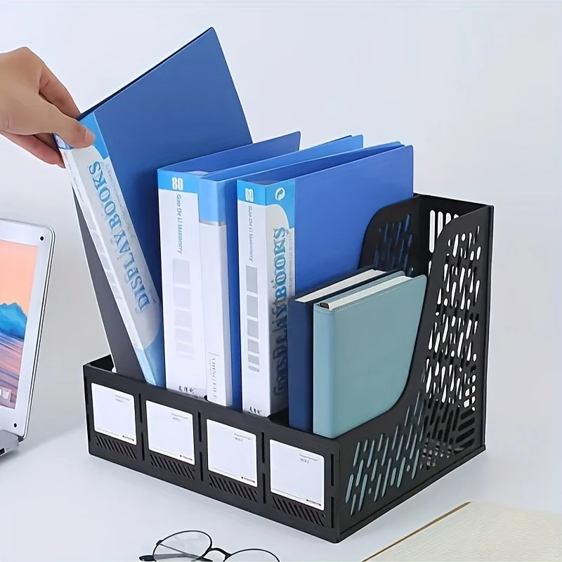 حامل ملفات المجلات، مجلد ملفات منظم المكتب لتنظيم المكاتب والتخزين، بلاستيك قوي، 4 مقصورات عمودية