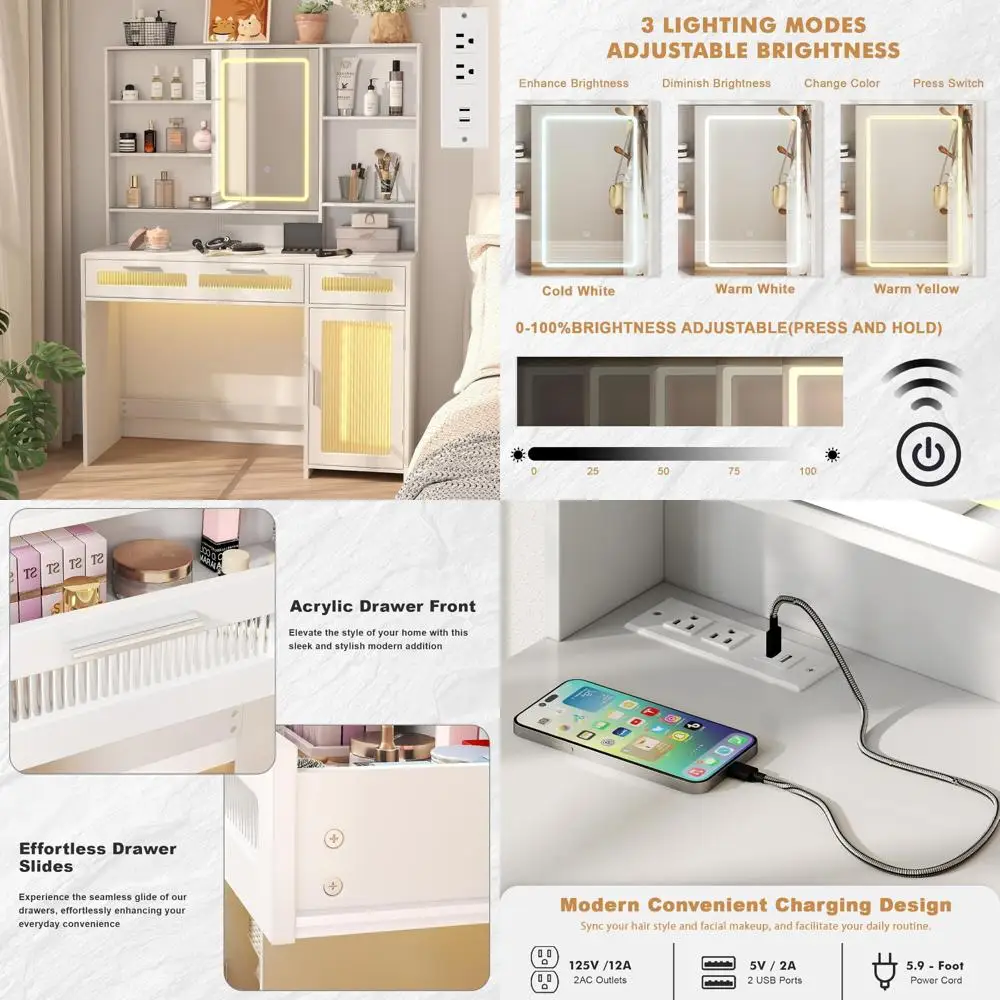 مكتب مكياج بإضاءة LED مع مخرج طاقة، ودرجين و10 أرفف تخزين لتنظيم التجميل #1