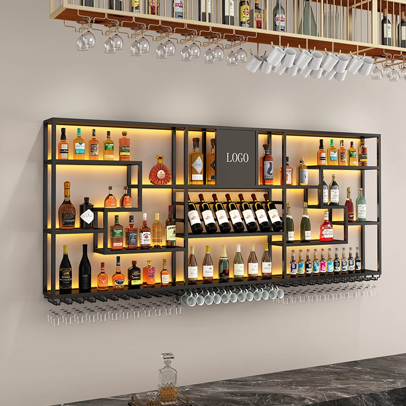 Gabinete de vino de lujo para almacenamiento, vitrina de vino de pie para whisky antiguo, decoración rústica moderna iluminada de madera para Bar de Vinoteca
