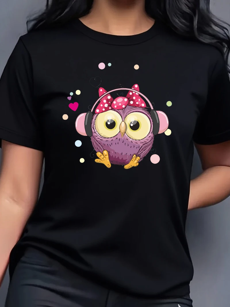 

Женская футболка из 100% хлопка с рисунком музыкальной совы, повседневный топ с круглым вырезом и короткими рукавами, обычная длина