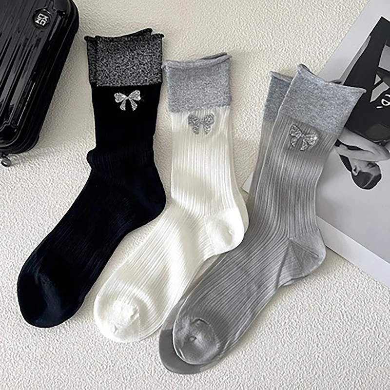 

Яркие шелковые модные носки с бантом для женщин и девушек, 1 пара, повседневные свободные уличные носки, весенне-летние тонкие чулки средней длины