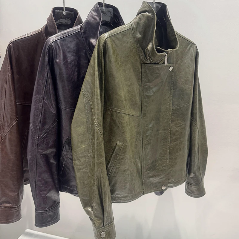 High Quality Sheepskin Women's Real Leather Jacket Vintage Oil Wax Distressing Female Lapel Motorcycle Leather Jacket Loose Coat