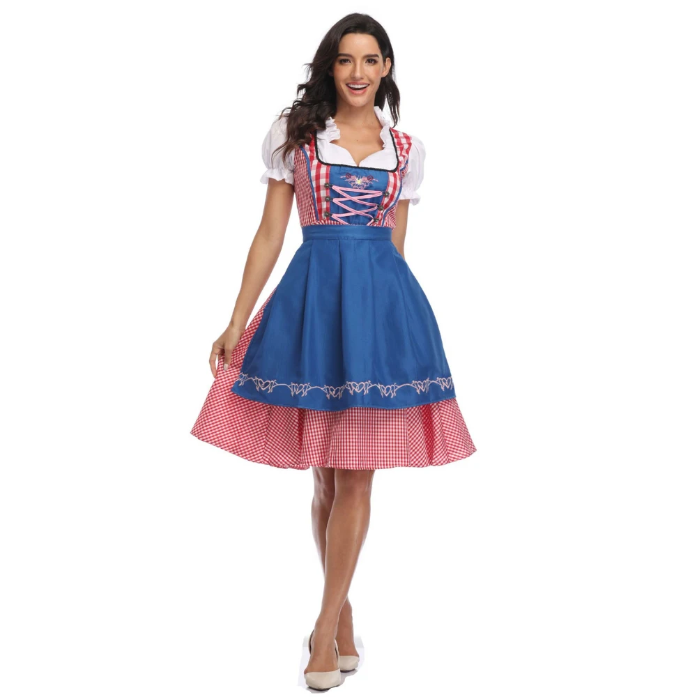 Traditional Bavarian Oktoberfest Costumes Plaid Dirndl Dresses Women Apron Dress German Beer Wench Maid Cosplay Party Dress