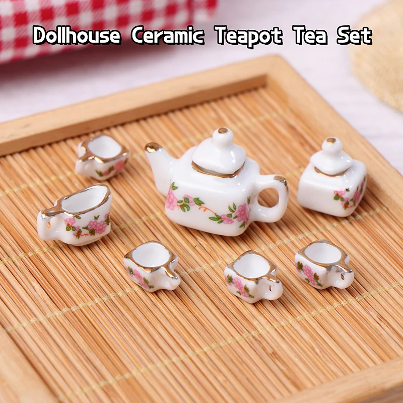 1Set 1/12 Dollhouse Simulation Mini Ceramic Teapot And Tea Set Miniature Kettle Cup Tableware Model Kitchen Decor Toys