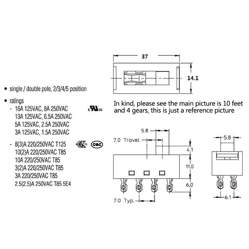 1pc 4-speed Toggle Switch Four-speed Switch Slide Switch Hair Dryer DSE-2410 16A High Current 10-pin