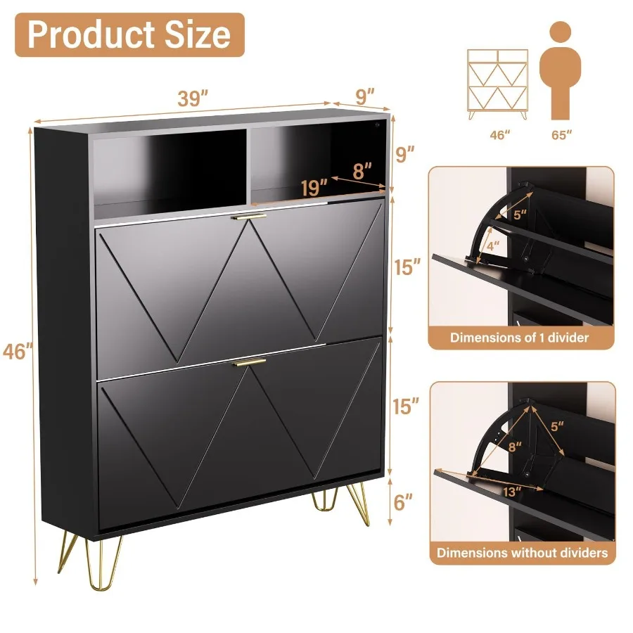 Large Shoe Cabinet with 2 Flip Drawers Shoe Storage Cabinet for Entryway Slim Hidden Shoe Storage with Open Shelf Freestanding