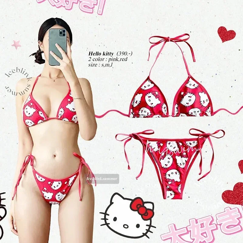 Sanrio Kawaii Hello Kitty Bikini Set Cute Cartoon Anime Summer Cooling Beach Soft Side Strappy Panties Sexy Bikini Swimsuits