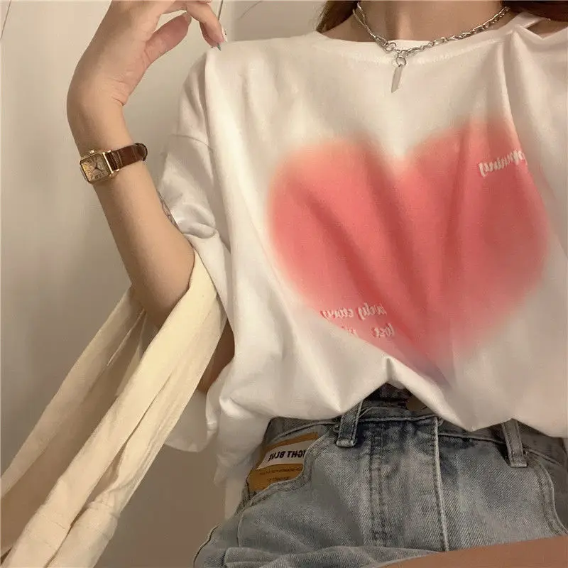 Women Clothing Off Shoulder Printing Loose Tops Summer New Short Sleeve Solid Color Hollow Out Sweet T Shirts Casual Fashion