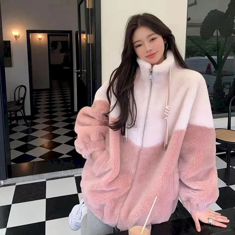 Plush Coats for Women Loose Stand Collar Long Sleeved Casual Vintage Jackets Oversized Fluffy Winter Clothes Women Fashion Coats