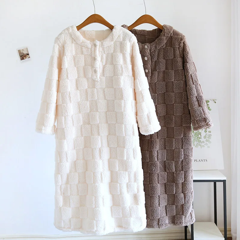 Thickened Flannel Sleep Dress Long Sleeve round Neck Open Cardigan Style Home Clothes for Women Mid-Length Autumn Winter