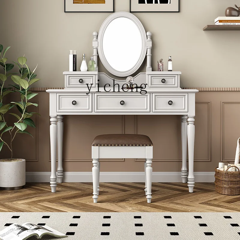 l23 All Solid Wood Dresser, Bedroom Makeup Table With Mirror Integrated Small Apartment Retro Desk With Pump