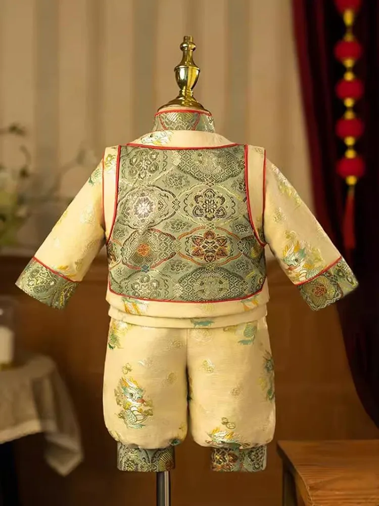 Winter New Clothing Embroidery Hanfu Tang Suit Baby Tops Pants Hat Sets Newborn Birthday Baptism Boys Outfits A3376