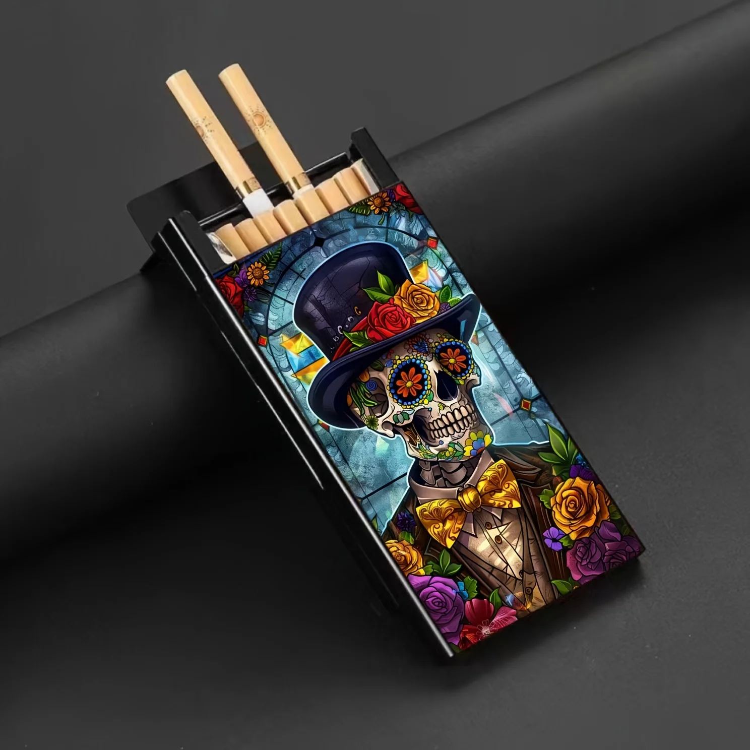 Aluminum street-style cigarette case with a fine skull design-perfect for slender cigarettes,gift for smoking enthusiasts