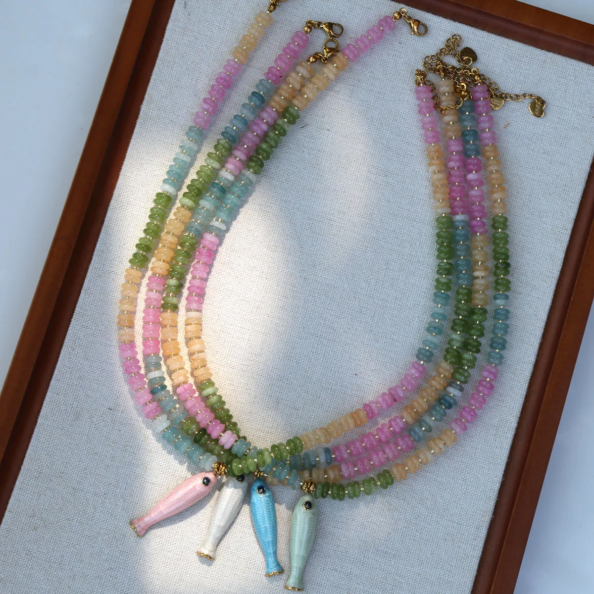Bohemian style candy mixed color handmade bead necklace with glazed stainless steel small fish pendant that can be stacked  worn