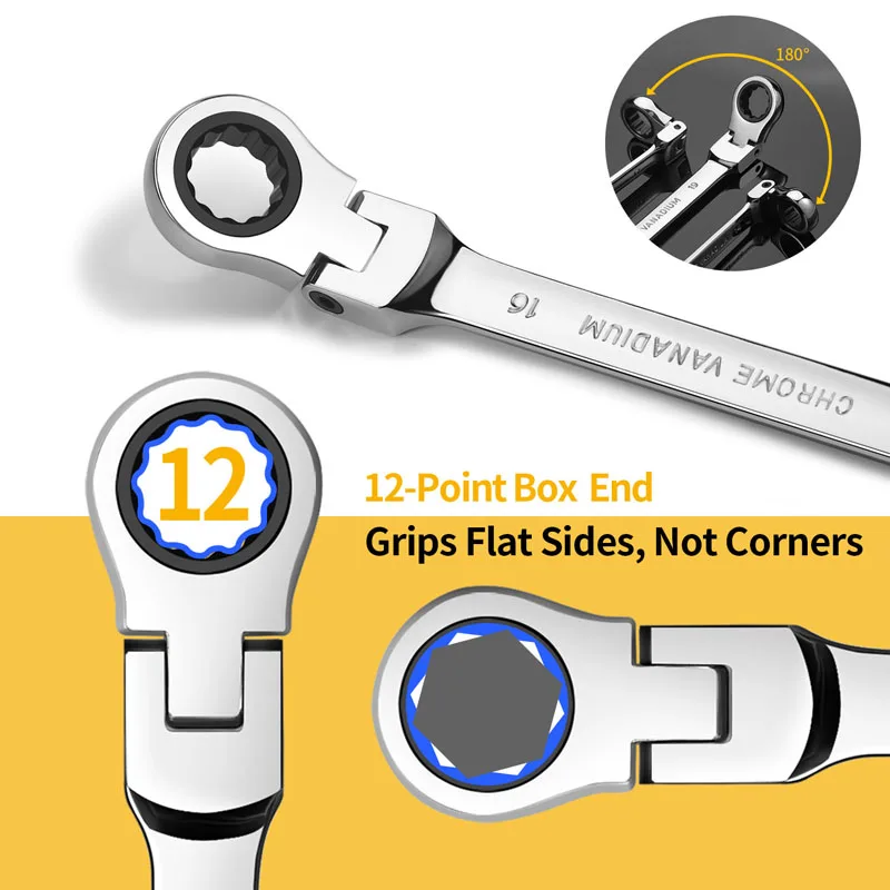 Flex-Head Ratcheting Wrench Set,Combination Ended Spanner Kits Standard Metric Wrench Sets from Gear to Tip with Organizer Rack