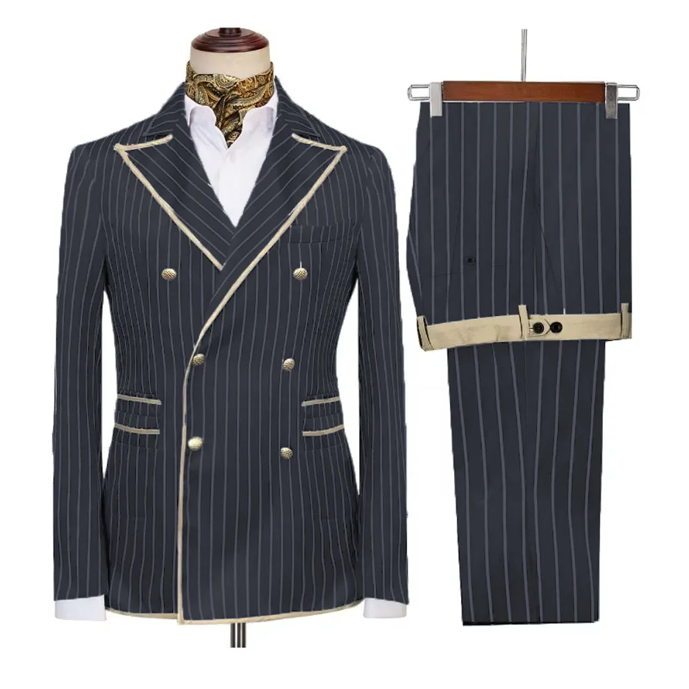 High-end Striped Men Suits Peak Lapel Double Breasted 2 Piece (Blazer+Pants) Blazers Slim Smart Causal Formal Jacket Tuxedos