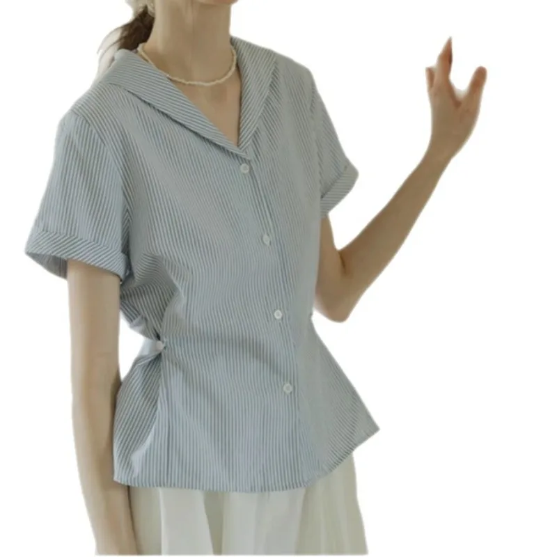 2025 New Streetwear French Commuter Navy Collar Blue Striped Short Sleeve Women's Shirt Summer College Age Reduction Slim Tops