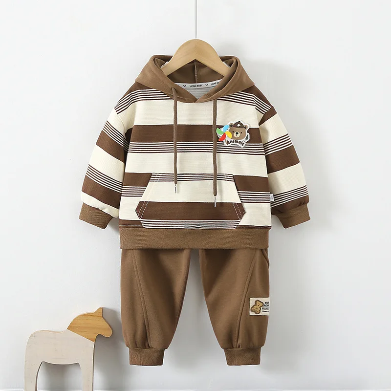 

New Autumn Baby Boys 2PCS Clothes Set Cartoon Striped Contrast Pocket Hoodies Loose Versatile Pants Suit Toddler Boys Outfits