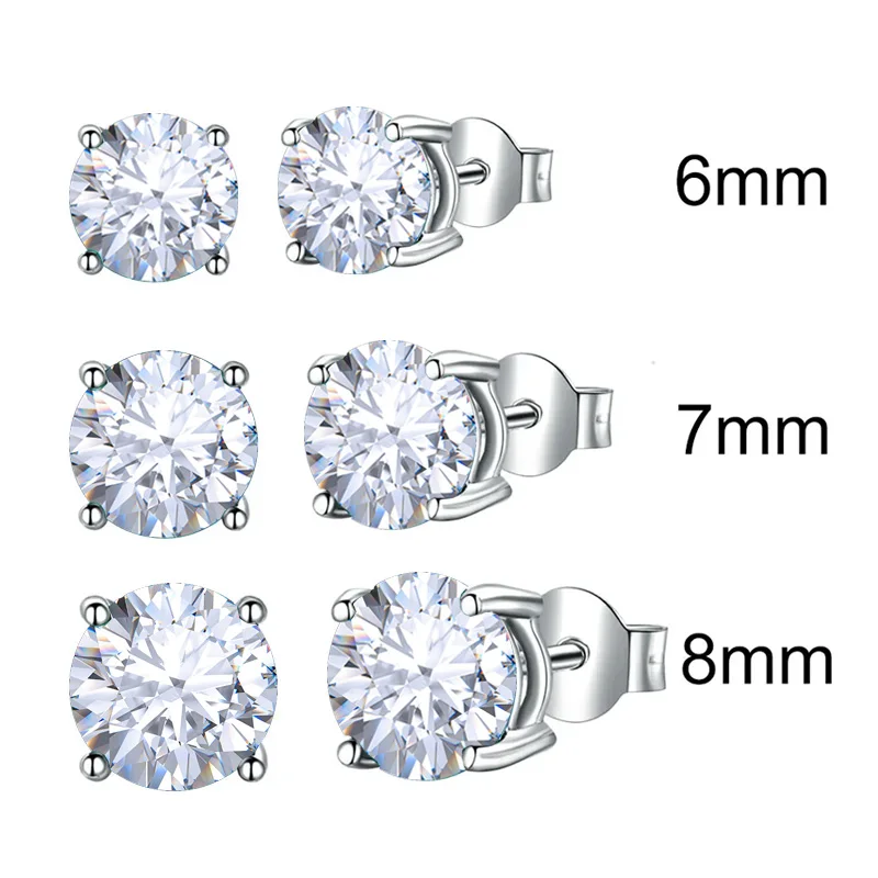 Round White Zircon Stud Earrings 925 Sterling Sliver Stud Earrings 6mm to 8mm Girlfriend\'s Gift