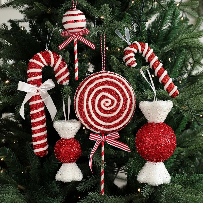 

6pcs/set Christmas New Year Candy Gift for Kid Red Candy Crutch Lollipop Xmas Tree Hanging Pendant Wedding Party Decorative