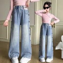 Girls' Spring Thin Side Seam Embroidered Bowknot Jeans Loose Straight Wide Leg Denim Pants Teenagers Pure Color Washed Trousers