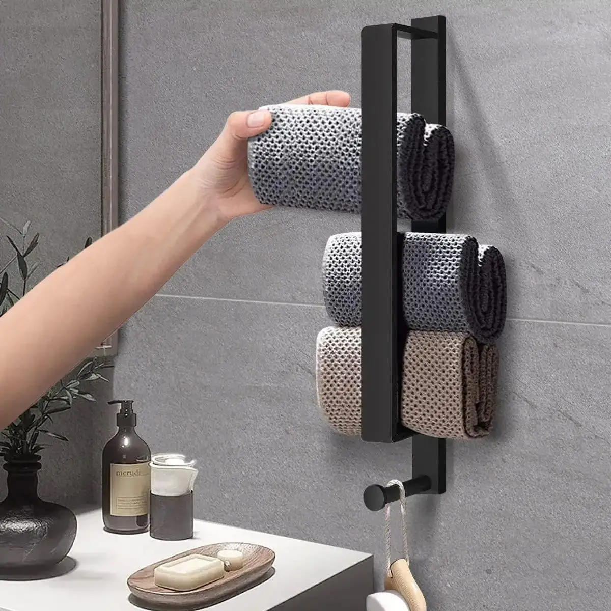 Czarny, nierdzewny uchwyt na ręczniki, bez wiercenia, ścienny, półka na ręczniki pod prysznic, samoprzylepny wieszak na ręczniki kuchenne, listwa na ręczniki, wieszak na ręczniki łazienkowe.