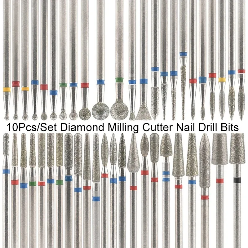 10Pcs/Set Diamond Milling Cutter Nail Drill Bits Set For Manicure Accessory Pedicure Eletric Machine Nail Bit Brush Burr Tools