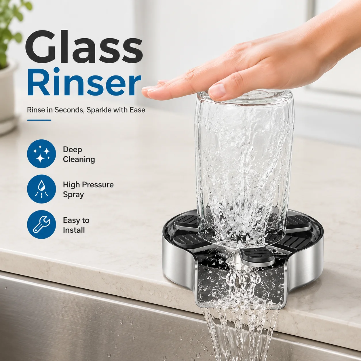 Kitchen Sink Glass Rinser, High-Pressure Stainless Steel Cup Washer with Detachable Tray, Bottle Cleaner for Home Bar Accessory