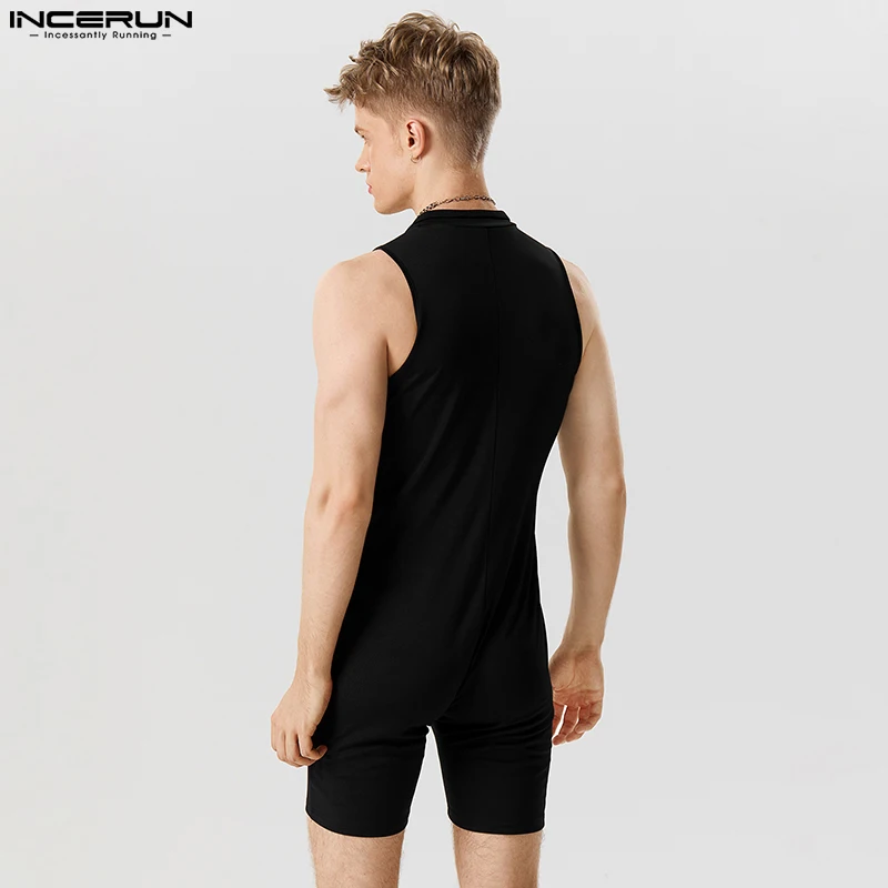 2023 Men Rompers Patchwork Lapel Sleeveless Zipper Streetwear Fashion Playsuits Fitness Cozy Casual Male Jumpsuits S-5XL INCERUN